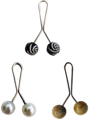 Pileli Store 3 Adet Tesettür Eşarp ve Şal Klipsi Inci Beyaz Hardal Siyah Desenli