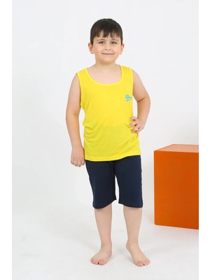 Pileli Store Erkek Çocuk Sıfır Kol Şortlu Sarı Penye Pijama Takımı