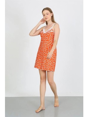 Pileli Store Kadın Penye Ip Askılı Beyaz Puantiyeli Gecelik Turuncu