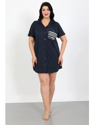 Pileli Store Büyük Beden Penye Düğmeli Lacivert Tunik Gecelik