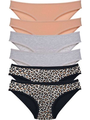 Pileli Store 6 Adet Likralı Kadın Slip Külot Leopar Ten Gri