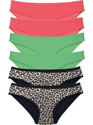 Pileli Store 6 Adet Likralı Kadın Slip Külot Leopar Fuşya Yeşil