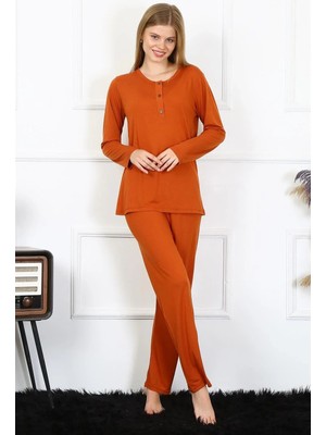 Pileli Store Kadın Penye Uzun Kol Patlı Pijama Takım Kiremit