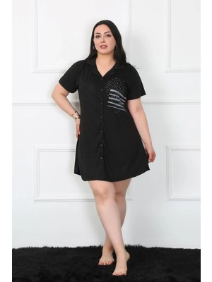 Pileli Store Büyük Beden Penye Düğmeli Siyah Tunik Gecelik