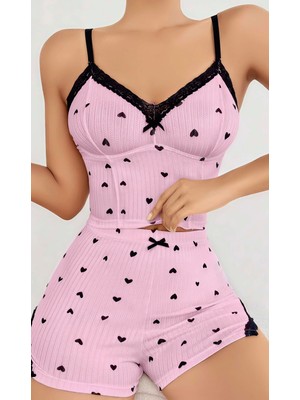 Pileli Store Kadın Pembe Kalp Desenli Askılı Şortlu Pijama Takım 5013