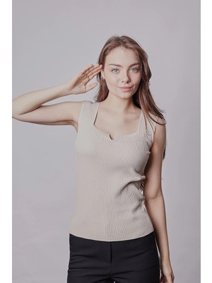 Jument Kadın Likralı Esnek Triko Kare Yaka Kaşkorse Body Bluz-Taş