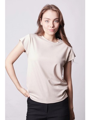 Jument Kadın İpeksi Kumaş Geniş Sıfır Yaka Kısa Kol Tshirt Bluz-Bej