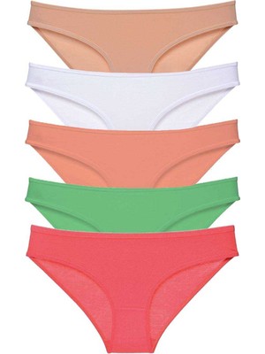 Pileli Store 5 Adet Süper Eko Set Likralı Kadın Slip Külot Ten Beyaz Pudra Yeşil Fuşya