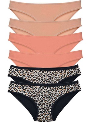 Pileli Store 6 Adet Likralı Kadın Slip Külot Leopar Ten Pudra