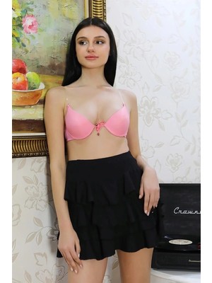 Pileli Store Kadın Destekli Balenli Önden Açılır Dekolteli Sütyen Pembe