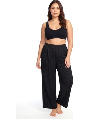 Pileli Store Kadın Siyah Ince Çizgili Büyük Beden Cepli Pijama Altı