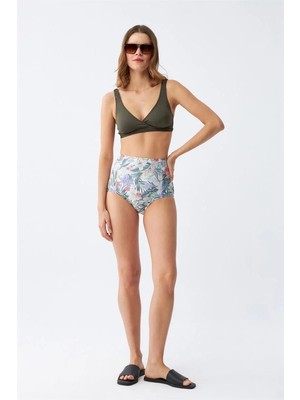 Pileli Store Kadın Haki Pedli Üst ve Yüksek Bel Çiçek Desenli Bikini Takımı