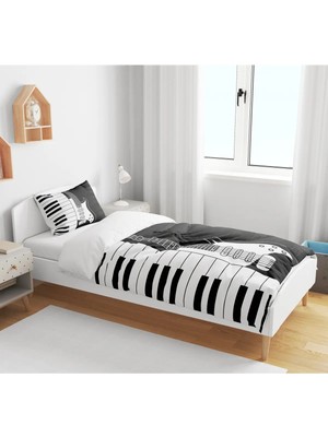 Sarel Group Piyano Nota Karışık Desen Baskılı 3D Tek Kişilik Çarşafsız Nevresim Takımı