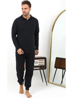 Pileli Store Erkek Polo Yaka Uzun Kol Penye Pijama Takımı Lacivert
