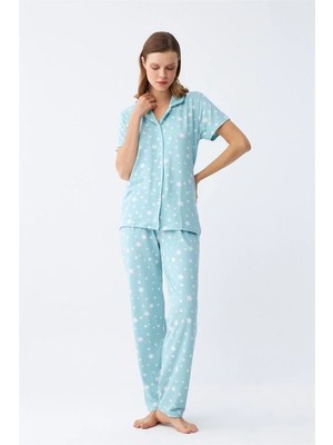 Pileli Store Kadın Buz Mavisi Yıldız Desenli Önden Düğmeli Pijama Takımı