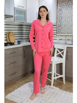 Pileli Store Kadın Pamuk Penye Önden Düğmeli Uzun Kol Pijama Takım Pembe