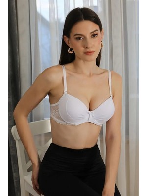 Pileli Store Kadın Destekli Balenli Dantel Detaylı Sütyen Beyaz