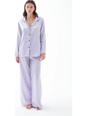 Pileli Store Kadın Lila Oversize Saten Pijama Takımı – Rahat Kesim Şık Ev Giyim Seti