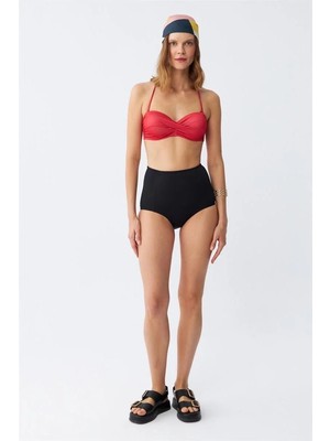 Pileli Store Kadın Straplez Kırmızı Yüksek Bel Bikini Takımı
