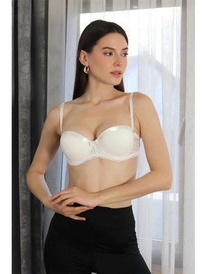 Pileli Store Kadın Destekli Balenli Straplez Sütyen Ekru