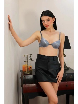 Pileli Store Kadın Destekli Balenli Sütyen Gri