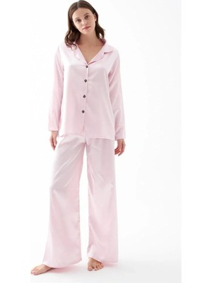 Pileli Store Kadın Pembe Oversize Saten Pijama Takımı – Rahat Kesim Şık Ev Giyim Seti