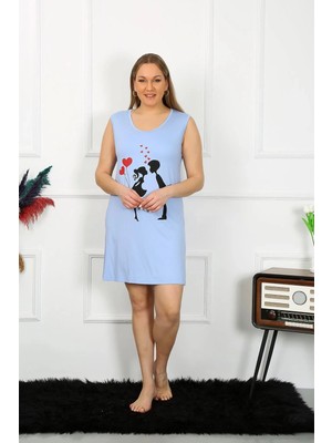 Pileli Store Kadın Büyük Beden Kalın Askılı Penye Diz Üstü Mavi Gecelik