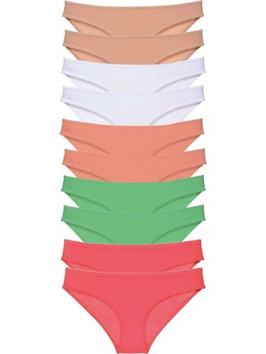 Pileli Store 10 Adet Süper Eko Set Likralı Kadın Slip Külot Ten Beyaz Pudra Yeşil Fuşya