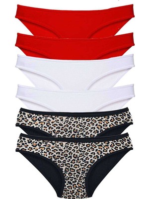 Pileli Store 6 Adet Likralı Kadın Slip Külot Leopar Kırmızı Beyaz