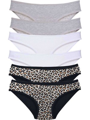 Pileli Store 6 Adet Likralı Kadın Slip Külot Leopar Gri Beyaz