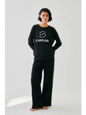 Pileli Store Kadın Siyah Yengeç Burcu Oversize 2 Iplik Eşofman Ev Giyim Takımı