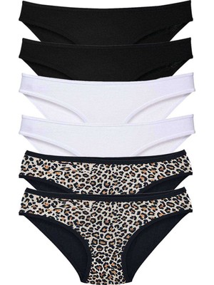 Pileli Store 6 Adet Likralı Kadın Slip Külot Leopar Siyah Beyaz