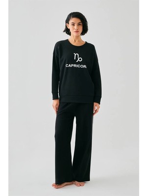 Pileli Store Kadın Siyah Oğlak Burcu Oversize 2 Iplik Eşofman Ev Giyim Takımı