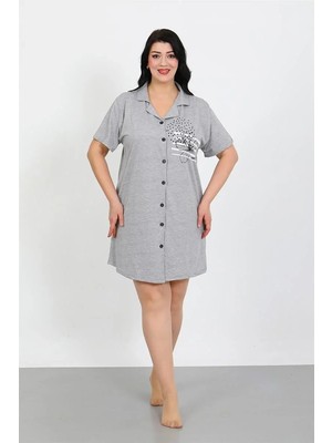 Pileli Store Büyük Beden Penye Düğmeli Gri Tunik Gecelik