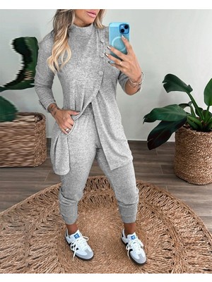 Pileli Store Kadın Uzun Kollu Balıkçı Yaka Önden Düğmeli Bluz ve Pantolon Yumoş Ikili Takım