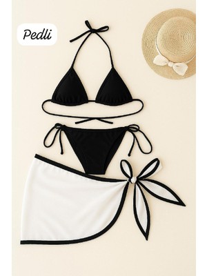 Pileli Store Kadın Siyah Beyaz Pareolu Yandan ve Boyundan Bağlamalı 3'lü Bikini Takımı