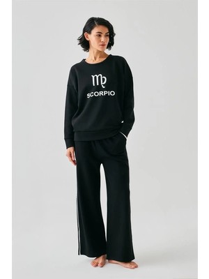 Pileli Store Kadın Siyah Akrep Burcu Oversize 2 Iplik Eşofman Ev Giyim Takımı