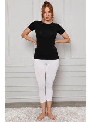 Pileli Store Penye Likralı Diz Altı Tayt Beyaz