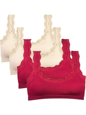 Pileli Store 4 Adet Dantel Nakış Işlemeli Pedli Bambu Kadın Büstiyer Krem Bordo