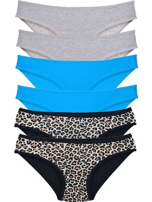 Pileli Store 6 Adet Likralı Kadın Slip Külot Leopar Gri Mavi