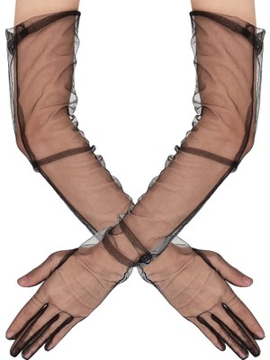 Pileli Store Uzun Boy Likralı Siyah Renk Yetişkin Mega Tül Eldiven 53 cm (4887)