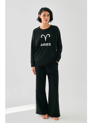 Pileli Store Kadın Siyah Koç Burcu Oversize 2 Iplik Eşofman Ev Giyim Takımı