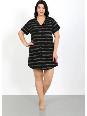 Pileli Store Büyük Beden Penye Düğmeli Siyah Tunik Gecelik