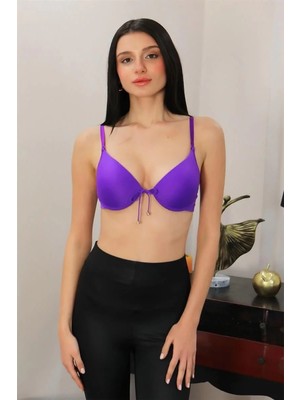 Pileli Store Kadın Destekli Balenli Önden Açılır Dekolteli Sütyen Mor