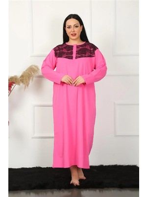 Pileli Store Büyük Beden Uzun Kol Dantelli Fuşya Anne Gecelik