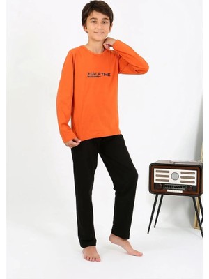 Pileli Store Erkek Çocuk Uzun Kol Penye Pijama Takım Turuncu