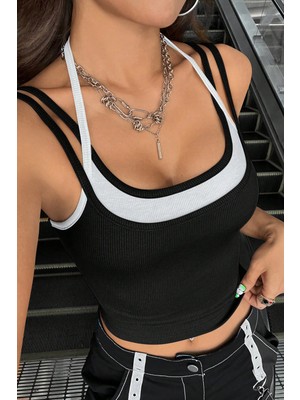 Pileli Store Kadın Beyaz Siyah Çift Renk Çapraz Askılı Crop Top Bluz