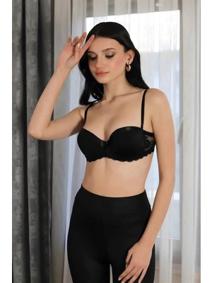 Pileli Store Kadın Yarım Destekli Balenli Straplez Sütyen Siyah