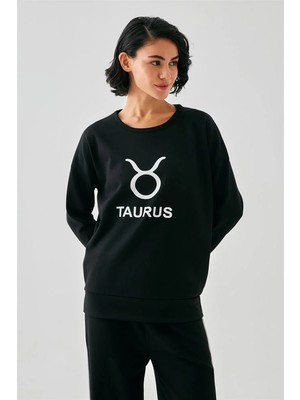 Pileli Store Kadın Siyah Boğa Burcu Oversize 2 Iplik Eşofman Ev Giyim Takımı