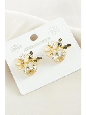 Pileli Store Kelebek Inci Taşlı Metal Küpe